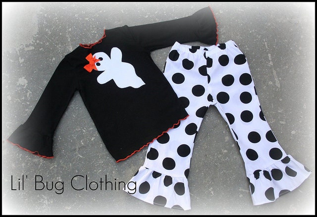 Custom Boutique Black White Orange Polka Dot  Jumbo Ghost Halloween Tee and Pant