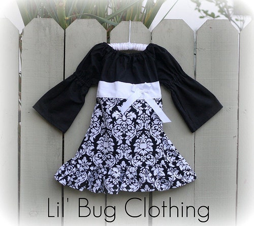 Christmas Holiday Christmas  Custom Boutique Black White  Damask Peasant Dress Girl