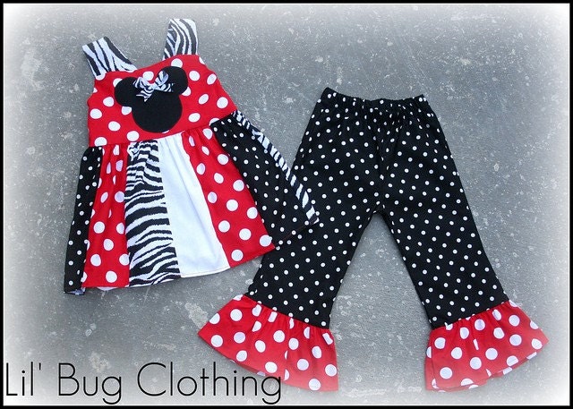 Custom Boutique Clothing Minnie Mouse Polka Dots Zebra Patch Top and Capris