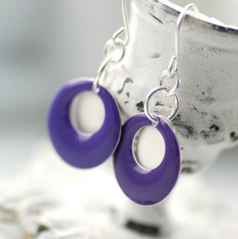 Enameled Earrings, Navy Blue and Creamy White, Circle Earrings, Nautical Jewelry, Sterling Silver