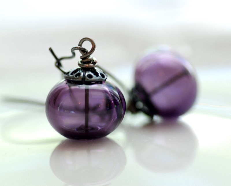Purple Earrings, Glass Jewelry, Dangle Earrings, Simple Jewelry, Artisan Glass, Oxidized Silver -  Mulled Wine