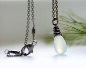 Aqua Chalcedony Necklace, Pale Blue Green Chalcedony Gemstone Necklace, Wire Wrapped Pendant, Oxidized Sterling Silver - Lagoon