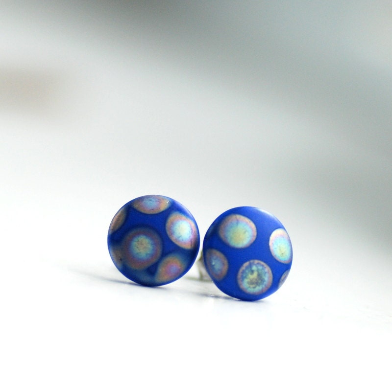 Post Earrings, Blue Studs, Stud Earrings, Cobalt Blue, Funky Studs, Retro Earrings, PolkaDot Jewelry, Stainless Steel Posts, Geometric