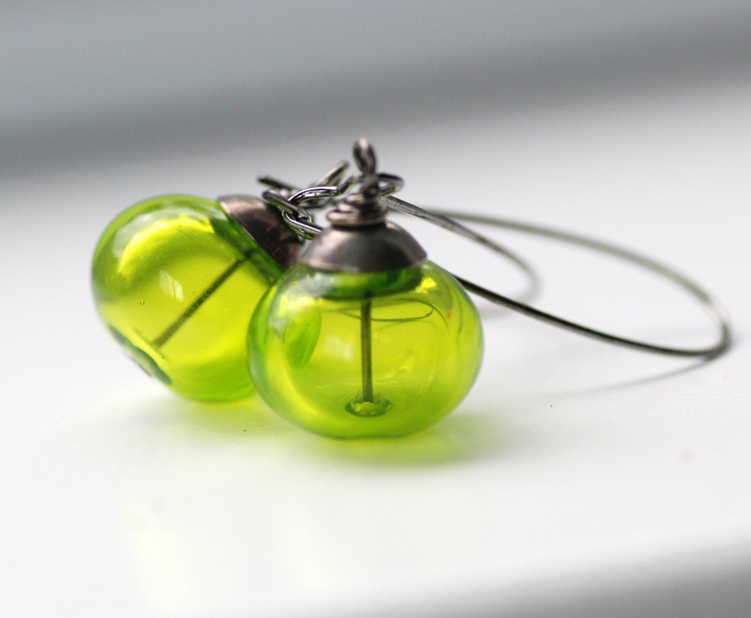 Handmade Earrings, Lime Green Artisan Blown Glass and Gunmetal, Limelight