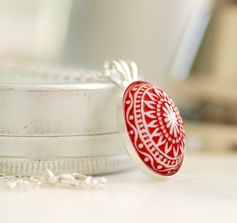 Scandinavian Necklace, Pendant Necklace, Red and White, Lucite Jewelry, Holiday Jewelry, Sterling Silver Chain