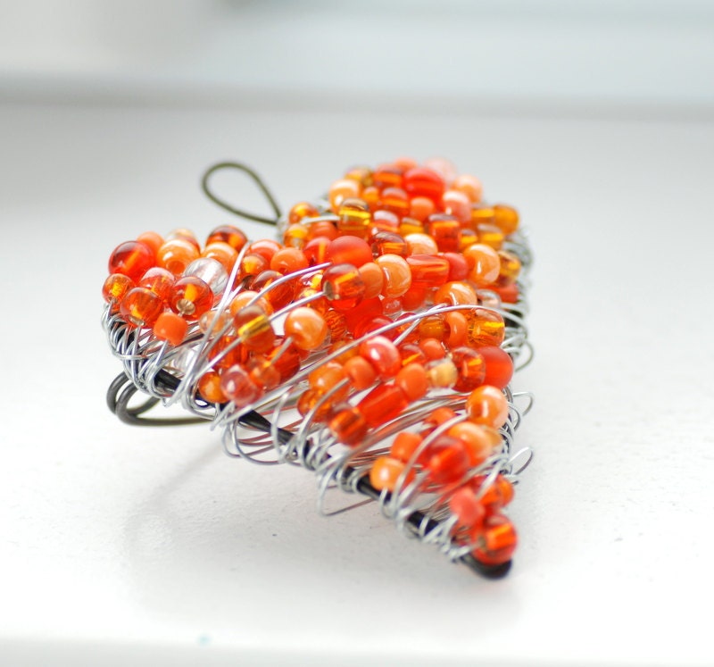 Tangerine Orange Brooch, Wire Heart Brooch, Beaded Brooch, Wire Pin, Sterling Silver Clasp - Not Your Grandma's Valentine