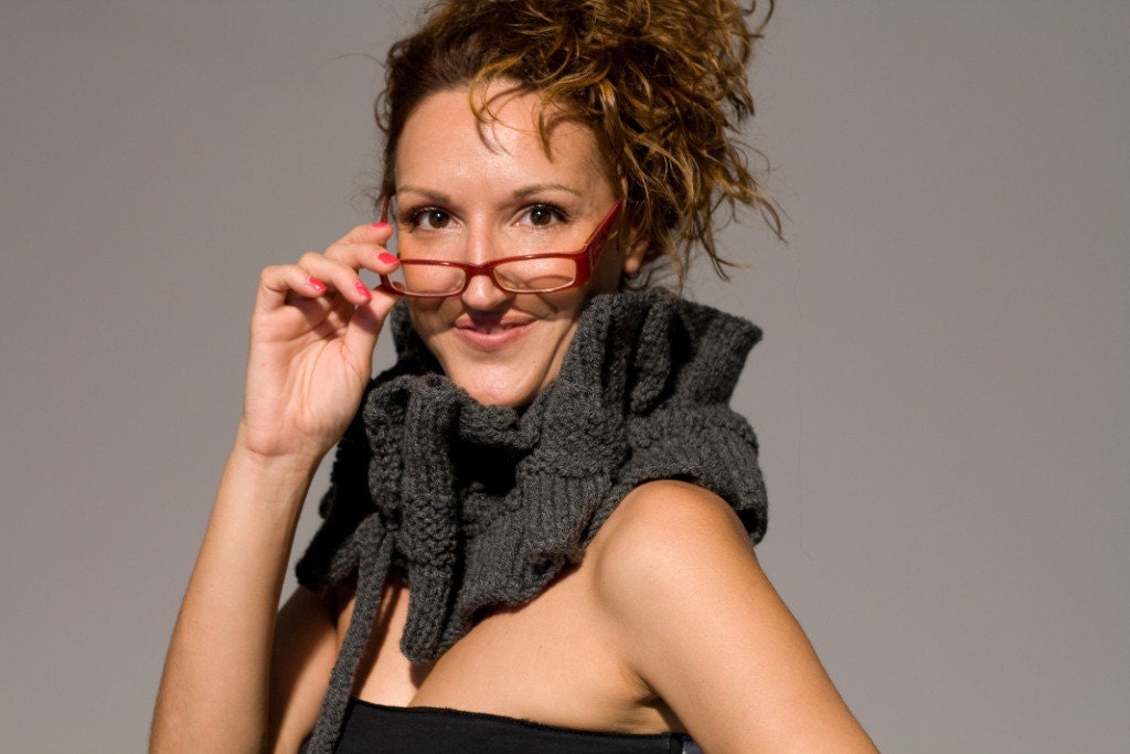 Knit scarf , cowl , neckwarmer in dark grey with ruffles