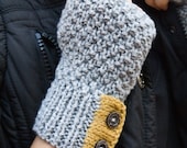 Grey knit fingerless gloves with yellow detail