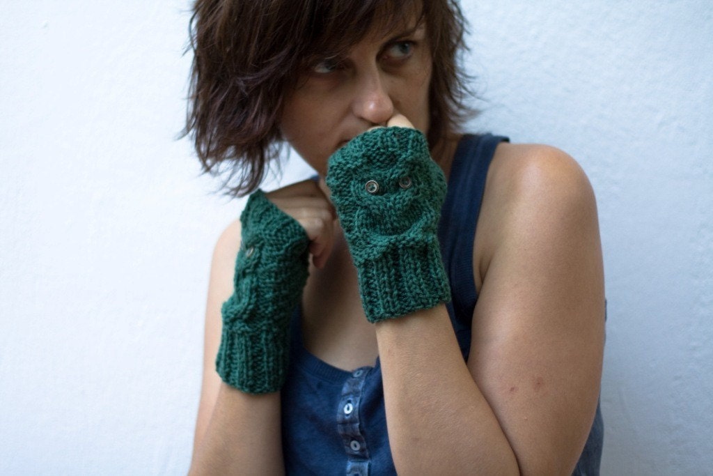 Green fingerless gloves , mittens with an owl pattern