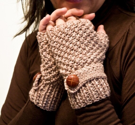 Knit fingerless gloves , mittens in beige with a strap