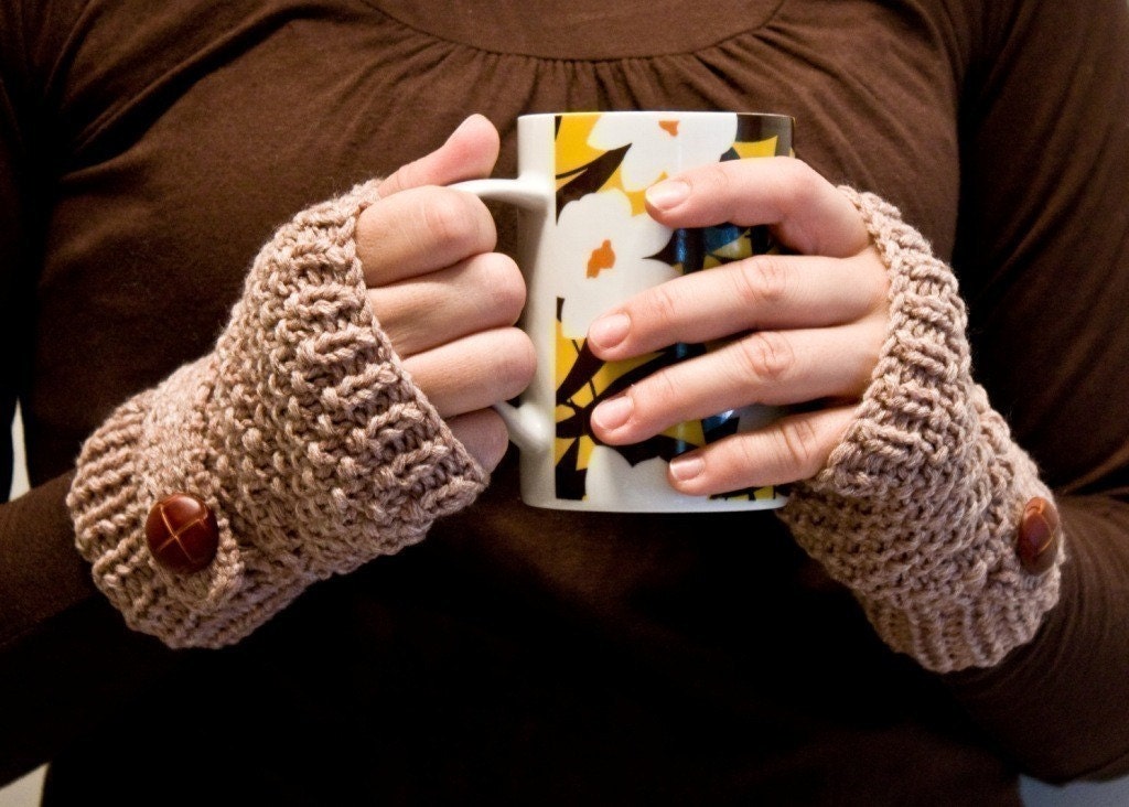 Knit fingerless gloves , mittens in beige with a strap