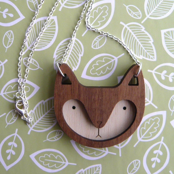 Walnut Wooden Fox Necklace