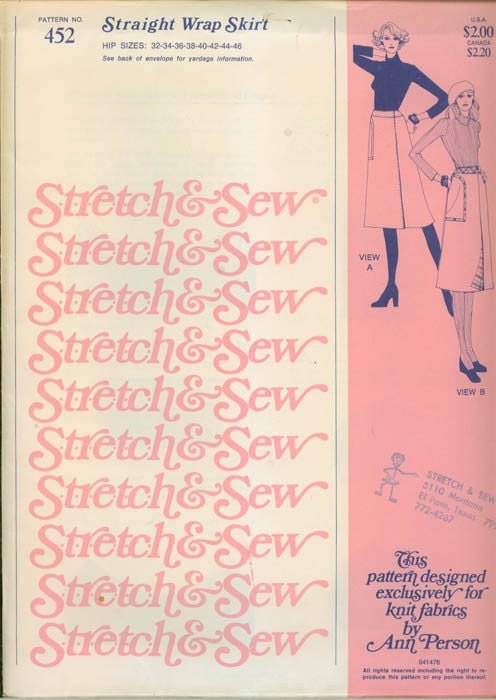 Vintage 70s Stretch and Sew 452 Straight WRAP Skirt Sewing Pattern UNCUT Hip Size 32-46