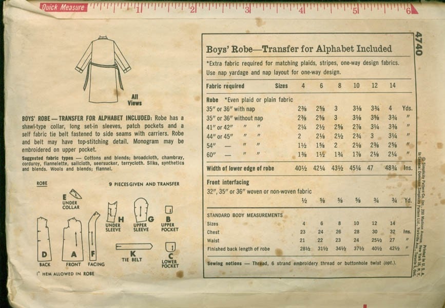 Vintage 50s Sewing Pattern Simplicity 4740 Boys Robe with Alphabet Transfer Size 4