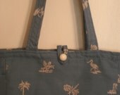 Dragon Flies, Shore Birds, Palm Trees, Grasshoppers and more on a Beach Themed Blue Medium Handbag/Tote