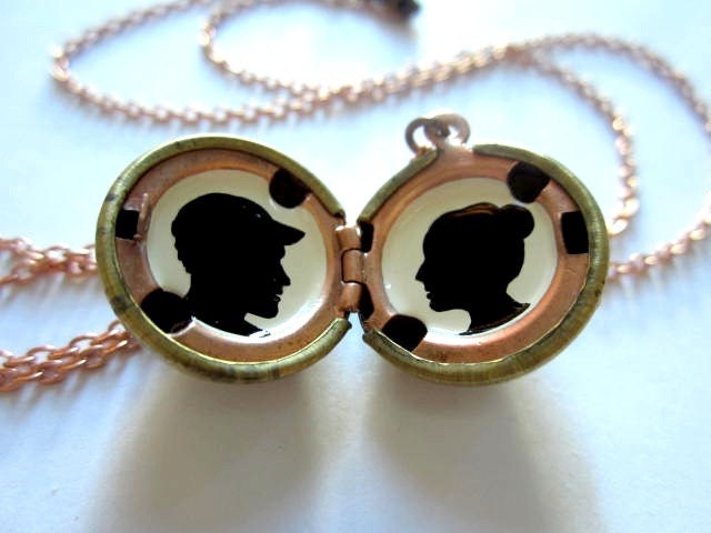 Custom Silhouette Portraits - Hand-painted in Oil - Personalized Jewelry - Vintage Brass Locket