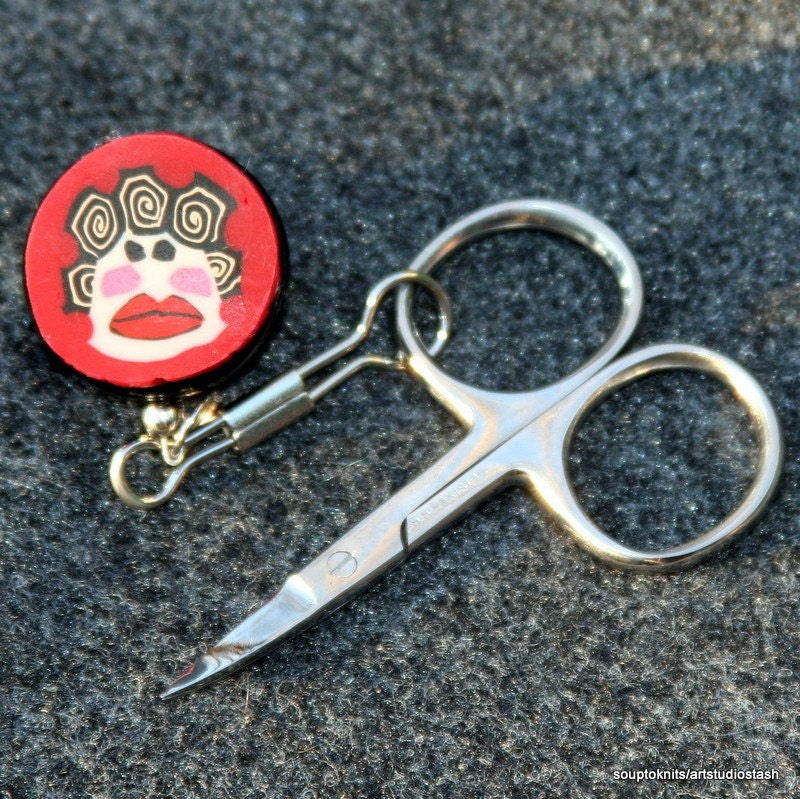 SALE on fun, unique, scissor leash clip with clay face for sewing, knitting and crafts