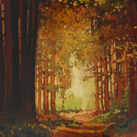 Fall, Autumn Colors - Into The Woods - Giclee Art PRINT or Original Painting matted 12x20 by Jan Schmuckal