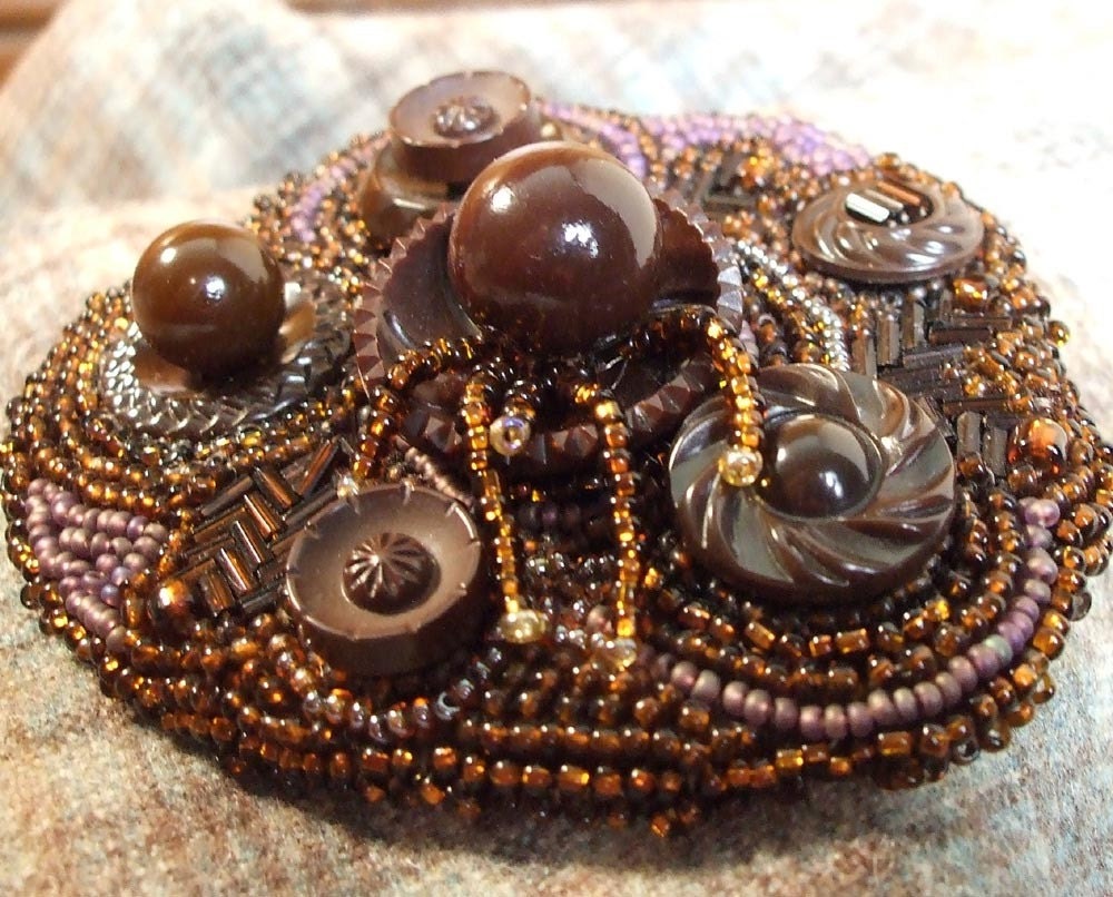 Hand Stitched Chocolate Button Brooch