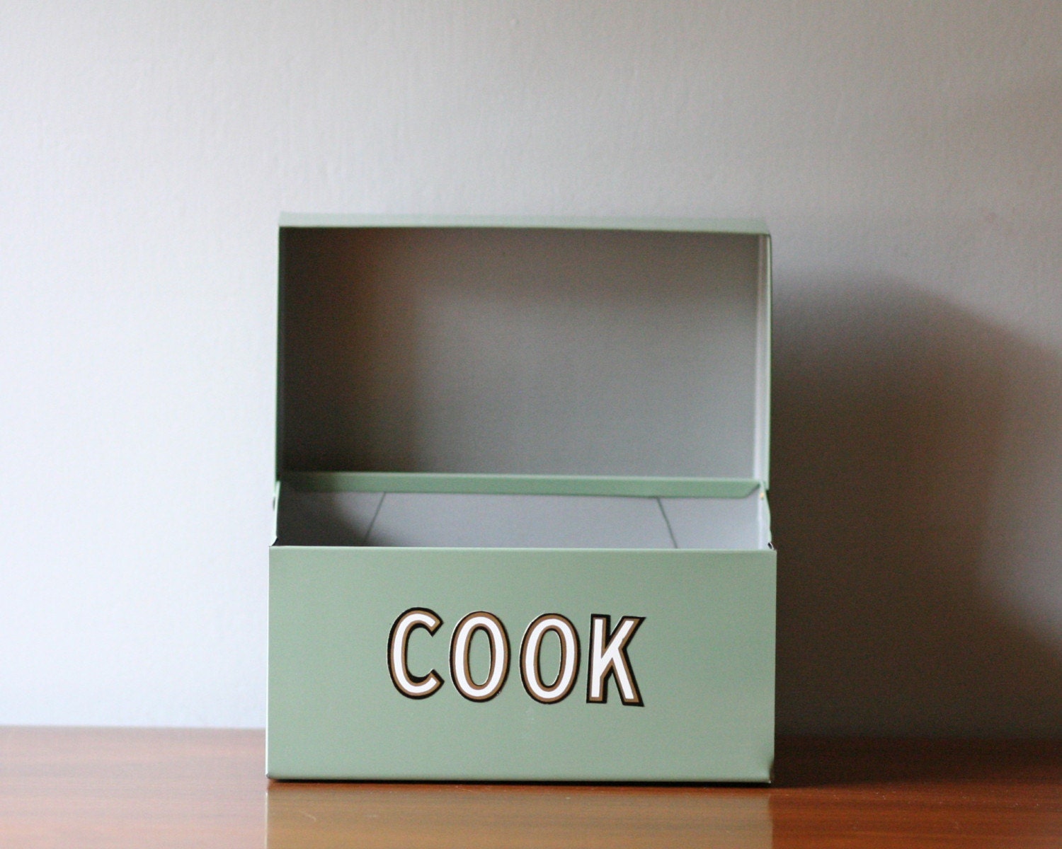 vintage seagreen metal recipe box labeled COOK