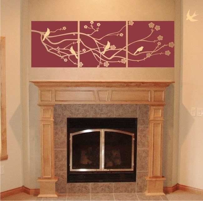 Vinyl Wall Decal Cherry Blossom Branch with 5 Birds LARGE 3 Panel Design