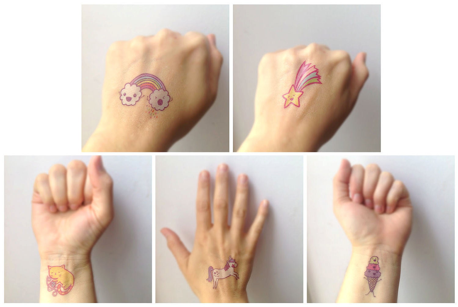 Temporary Tattoos - Set of 5 - Unicorn, Cat, Rainbow, Ice Cream, Star