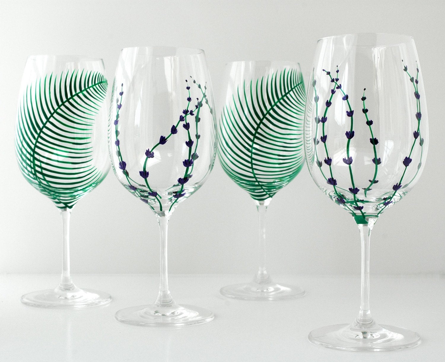 Garden Party Hand Painted Glasses - 4 Piece Collection for Mothers Day - Green Ferns and Lavender