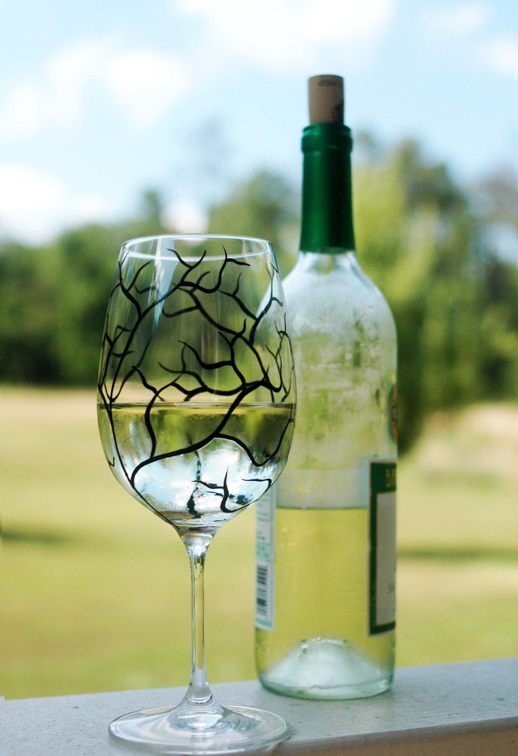 Black Tree Winter Wine Glasses--Set of 2 Hand-Painted Wine Glasses