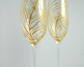 Gold Peacock Feather Wedding Toast Flutes--Set of 2 Personalized Champagne Flutes