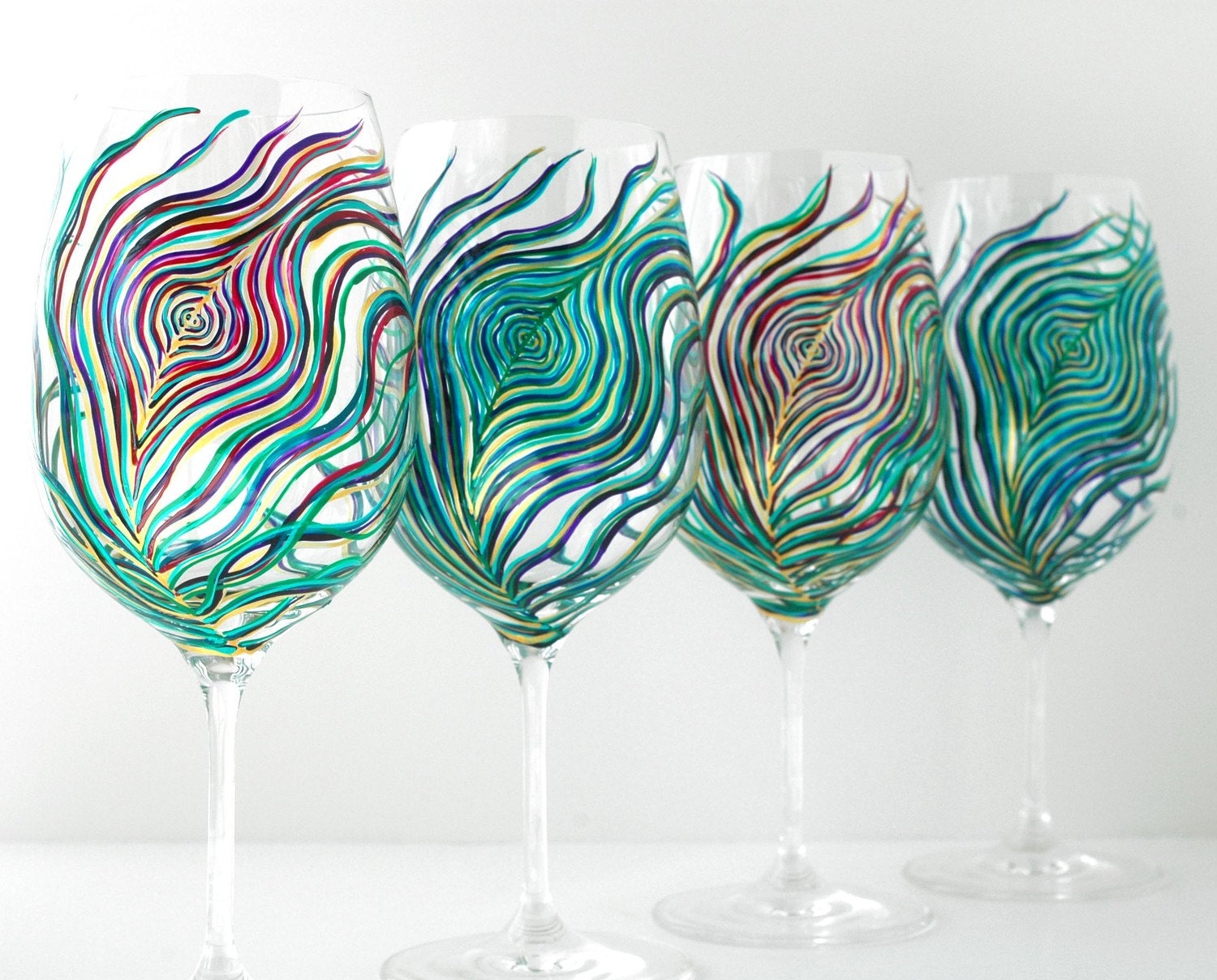 Regal Peacock Feather Wine Glasses - 4 Piece Hand Painted Wine Glass Collection