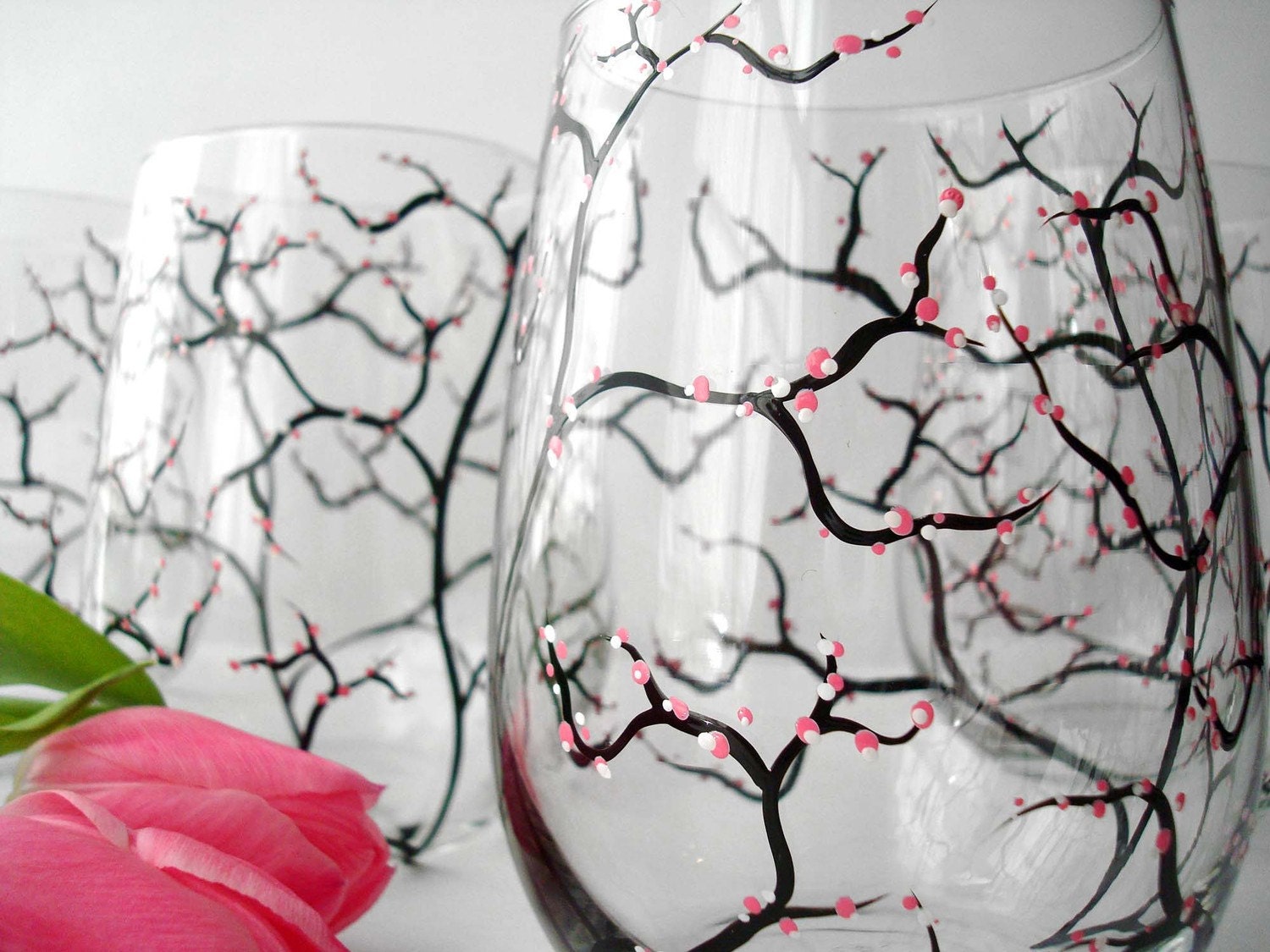 Pink Cherry Blossom Wine Glasses - Set of 2 Hand Painted Stemless Glasses - Mothers Day Gift