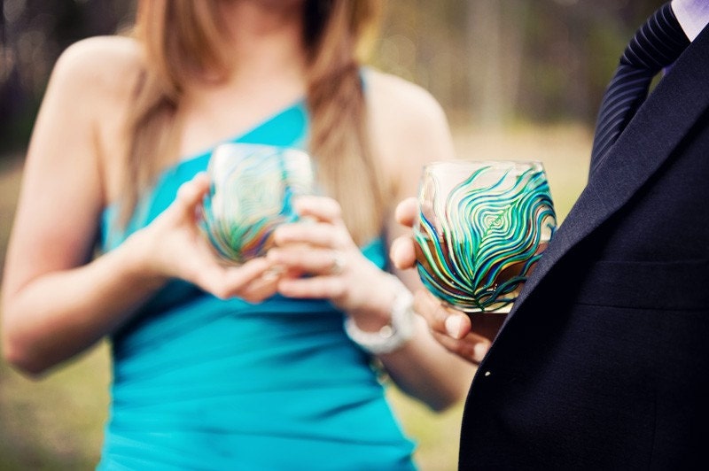 Peacock Stemless Wine Glasses--Set of 4 Hand-Painted Glasses