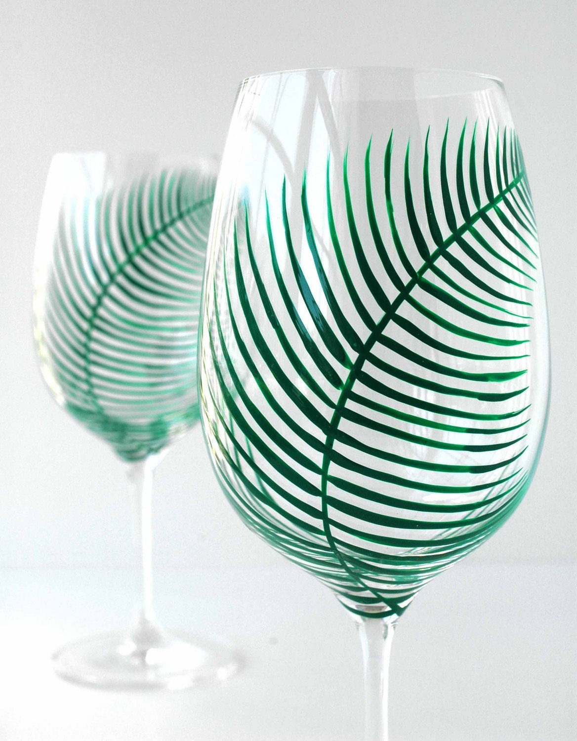 Green Fern Wine Glasses - Set of 4 Hand Painted Fern Glasses - Summer Wedding