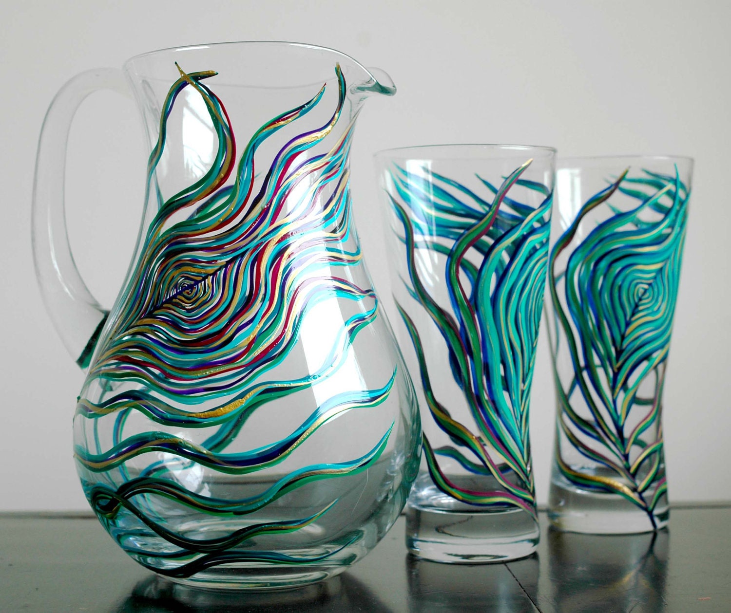 Peacock Feather Pitcher--Hand Painted Glass--Limited Edition