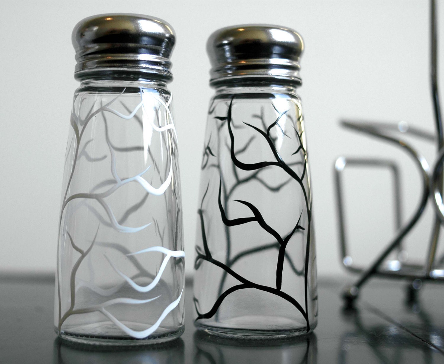 White and Black Tree Branch Salt and Pepper Shakers--Hand Painted 3-Piece Collection