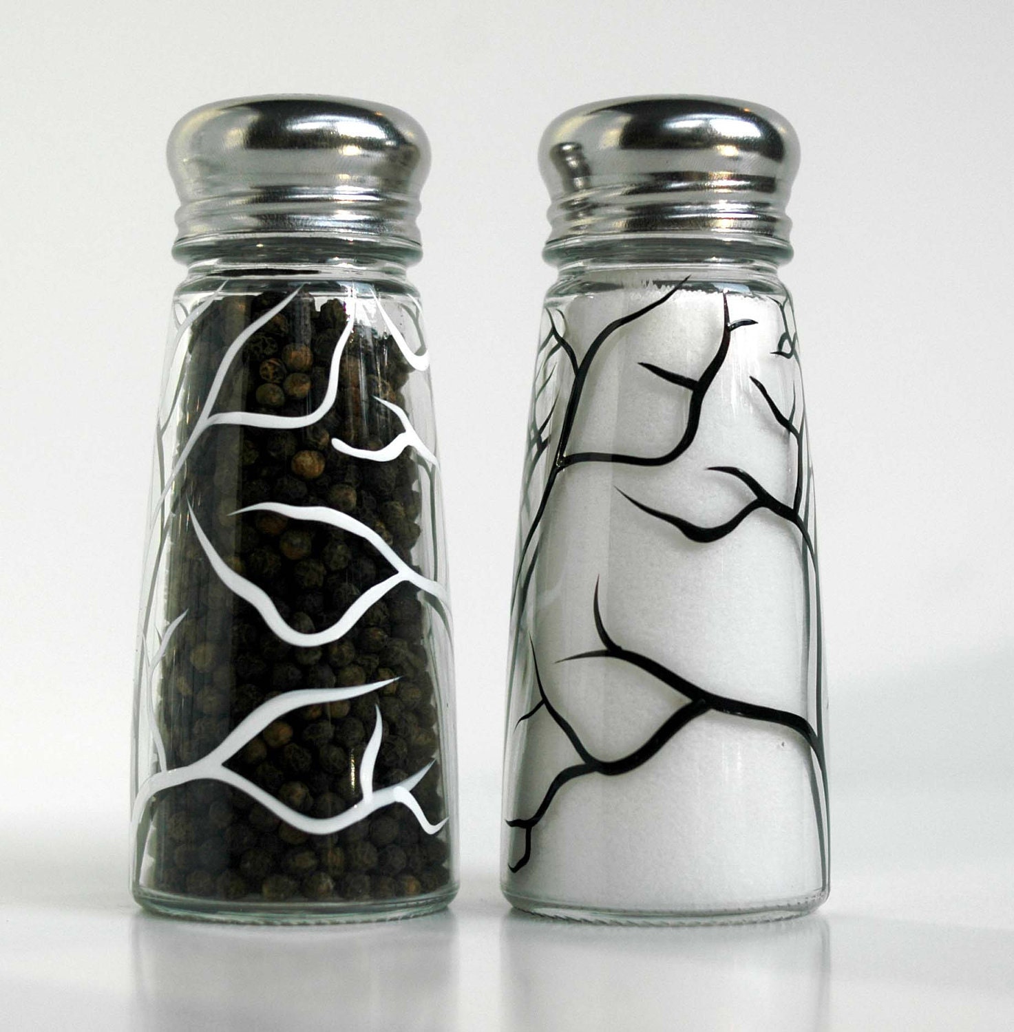 White and Black Tree Branch Salt and Pepper Shakers--Hand Painted 3-Piece Collection