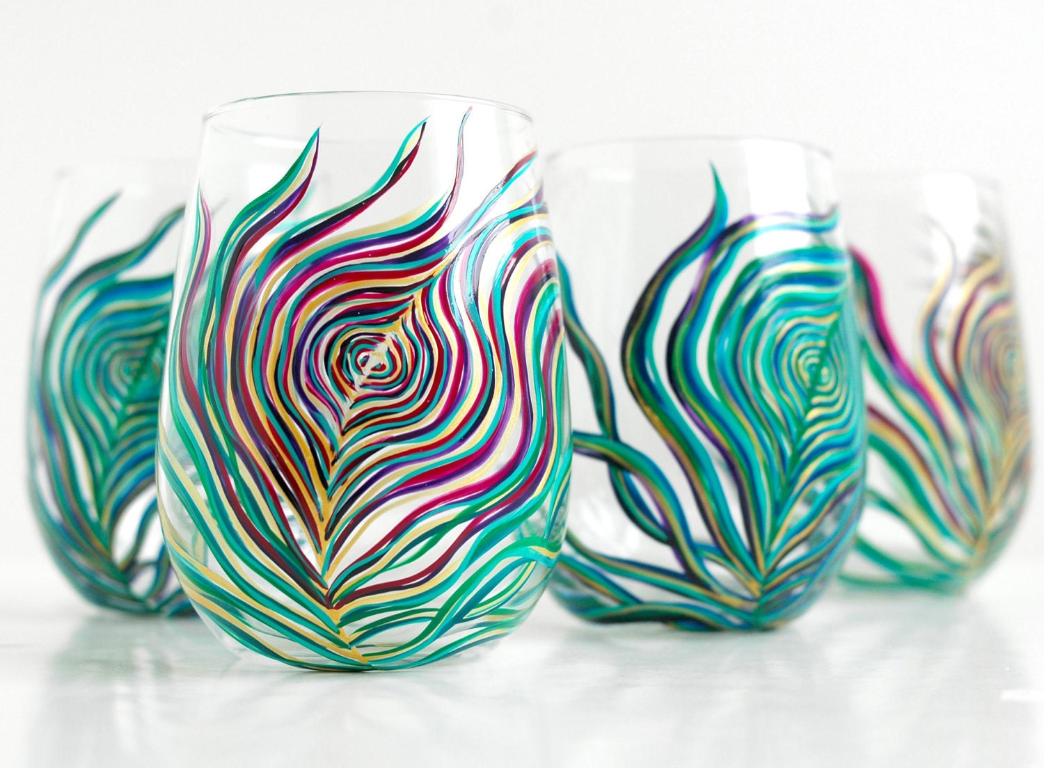 Regal Peacock Feather Stemless Wine Glasses and Carafe--5 Piece Collection Hand-Painted
