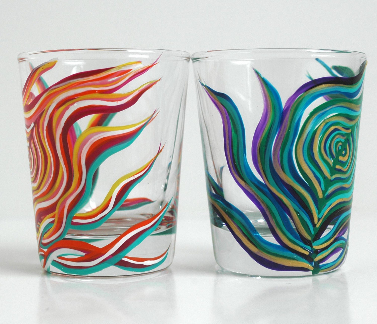Yin and Yang Peacock Feather Shot Glasses-Set of 2 Hand Painted Shot Glasses