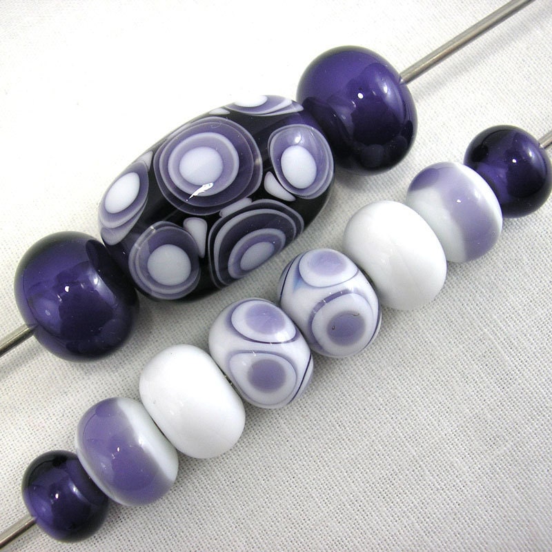 Purple and White Stacked Dots Set - Lampwork Beads