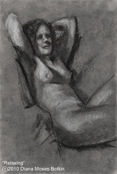 RELAXING -- Nude Female Life Study-- 12x18 inch Charcoal and chalk drawing on grey paper, unframed, by Diana Moses Botkin