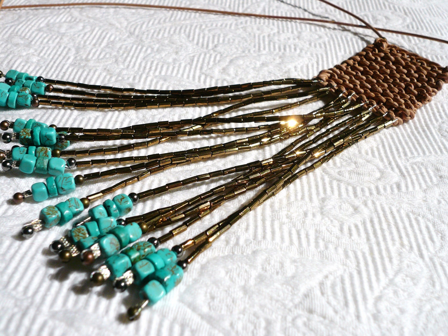 copper & turquoise beaded LEATHER fringe necklace, no. 35