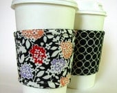 Reusable Reversible Coffee Sleeve - Hydrangeas on black with rings