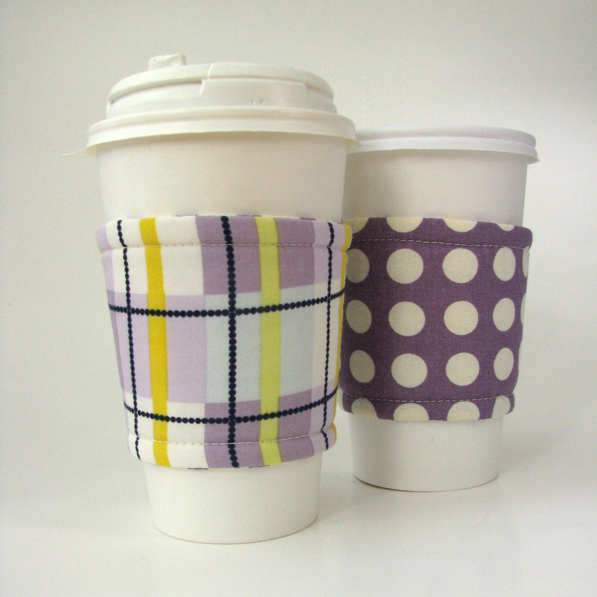 Reusable Reversible Coffee Sleeve - Purple Plaid with Polka Dots