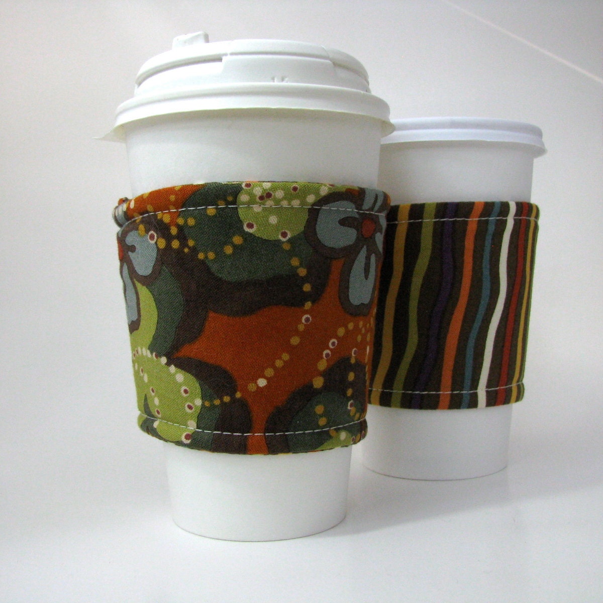 Reusable Reversible Coffee Sleeve - Buzzing Flowers with Stripes 1
