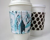 Reusable Reversible Coffee Sleeve - Teal Cityscape with brown polka dots