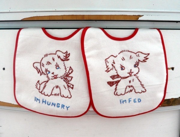 Boutique All Cotton Vintage Inspired Retro Puppies 2 piece Gift Embroidered Baby Bib Set, I'm Hungry , I'm Fed Il_170x135