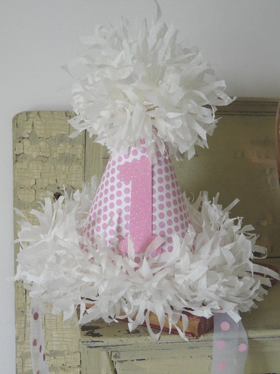 The Poppy Pink Polka Dots Happy Birthday Party Hat glitter first birthday,photo prop,princess party, pink Il_570xn