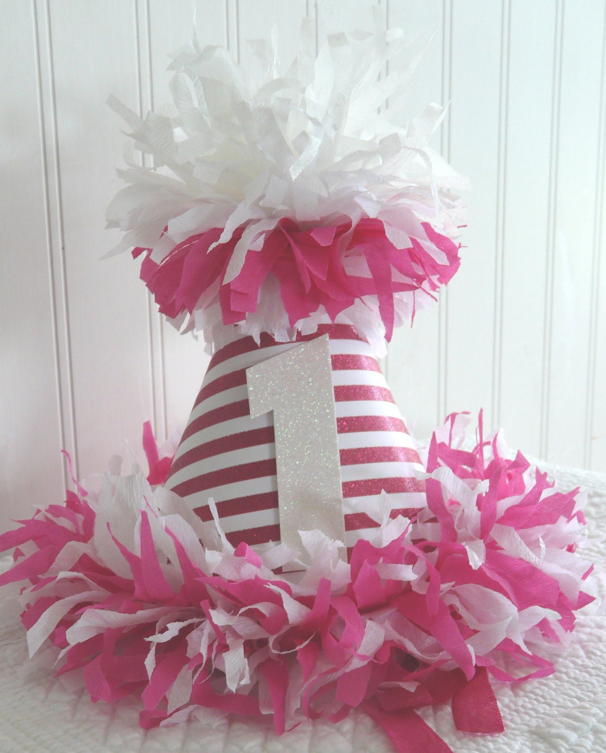 The Stephanie Stripes Hot Pink Stripes Happy Birthday Party Hat with glitter one Il_570xn