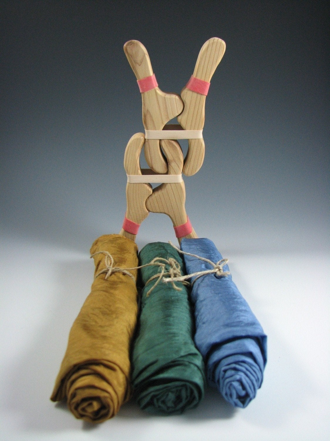 Playsilks and Playclips - SoilTreeSky Trio - Three 35 x 35 inch Playsilks in Bronze, Forest, and Wedgewood plus 2 wooden Playclips