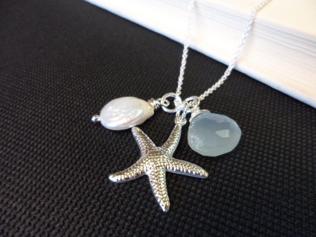 Starfish, Coin Pearl and Aqua Chalcedony Necklace